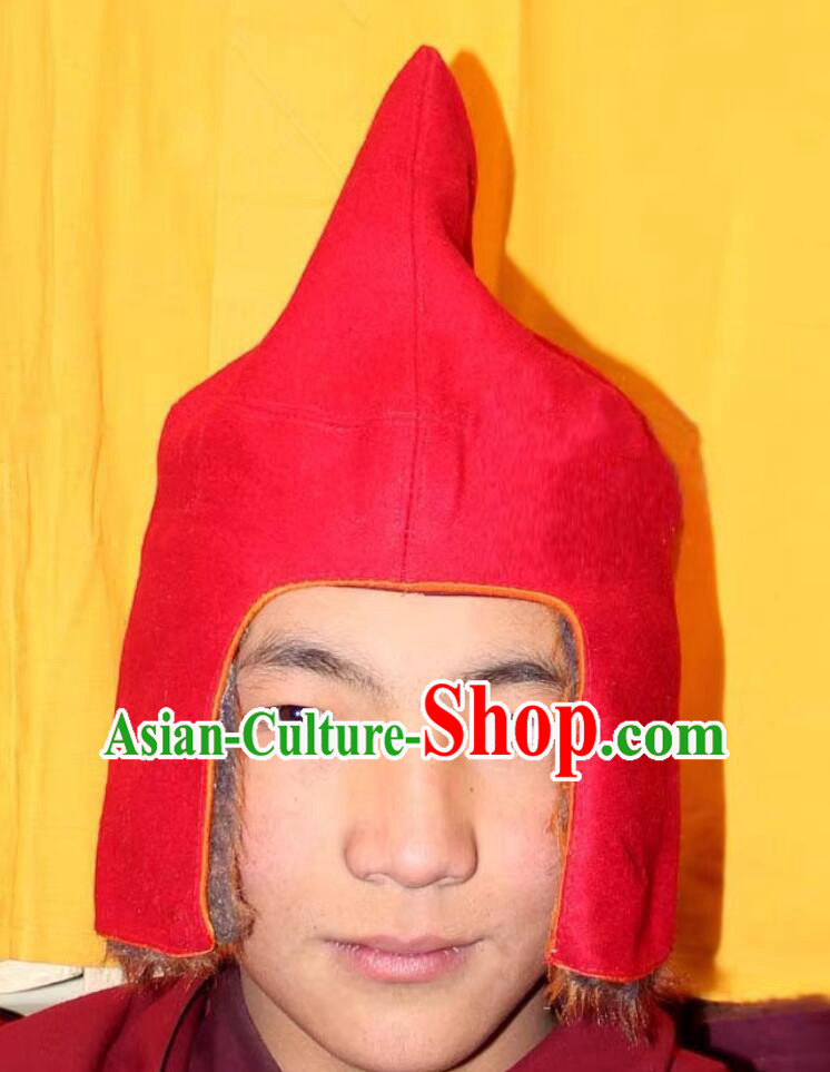 Traditional Tibetan Monk Red Woolen Hat Handmade Xizang Lama Headwear Traditional Tibetan Monk Red Woolen Hat Handmade Xizang Lama Headwear