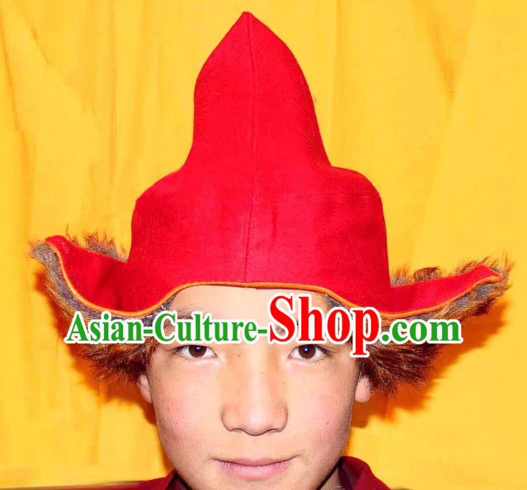 Traditional Tibetan Monk Red Woolen Hat Handmade Xizang Lama Headwear Traditional Tibetan Monk Red Woolen Hat Handmade Xizang Lama Headwear