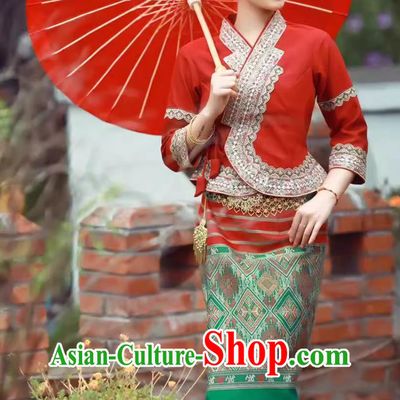 China Dai Ethnic Bride Wedding Dress Xishuangbanna Festival Clothing Thailand Traditional Red Shirt and Skirt
