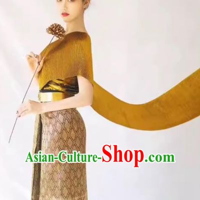 Thailand Traditional Golden Top and Brown Skirt China Dai Ethnic Dress Xishuangbanna Festival Clothing
