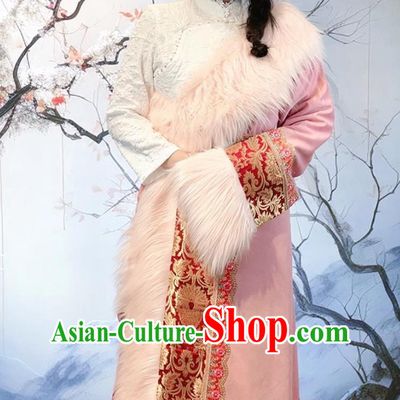 China Xizang Ethnic Stage Performance Clothing Woman Pink Tibetan Robe Zang Nationality Winter Costume