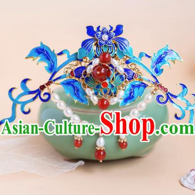 Traditional Chinese Hanfu Pearls Hair Jewelry China Ancient Empress Cloisonne Hair Crown Handmade Ming Dynasty Hairpin