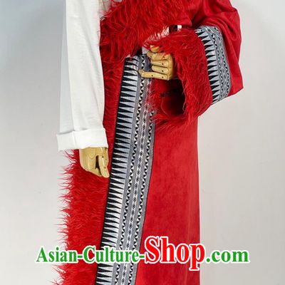 China Xizang Ethnic Woman Clothing Stage Performance Red Tibetan Robe Zang Nationality Folk Dance Costume