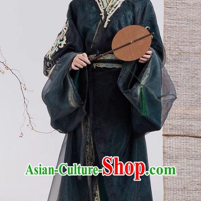 Ancient China Royal Prince Costume Chinese Jin Dynasty Swordsman Dark Green Robe Traditional Male Hanfu