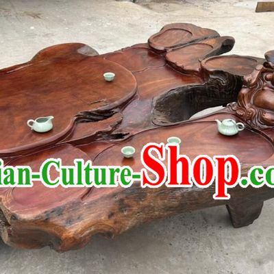 Hand Carved Maitreya Buddha Chinese Stunning Tree Root Tea Table