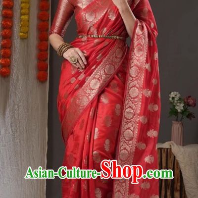 Indian Dress Traditional Woman Red Sari India Wedding Bride Clothing National Costume