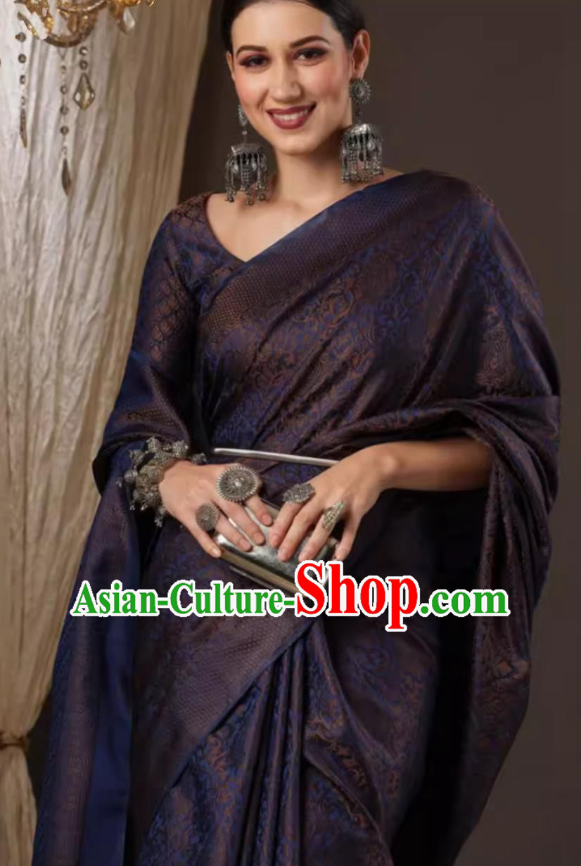 India Festival Clothing Indian National Costume Dark Blue Dress Traditional Woman Sari India Festival Clothing Indian National Costume Dark Blue Dress Traditional Woman Sari