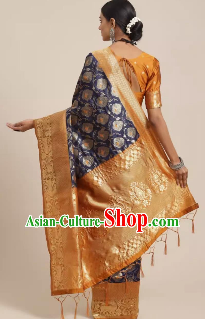 India Festival Clothing National Costume Traditional Dark Blue Dress Indian Woman Sari India Festival Clothing National Costume Traditional Dark Blue Dress Indian Woman Sari