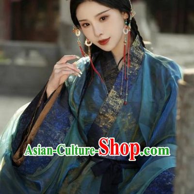 Chinese Han Dynasty Court Woman Clothing Ancient China Princess Costume Traditional Hanfu Peacock Blue Warring States Robe
