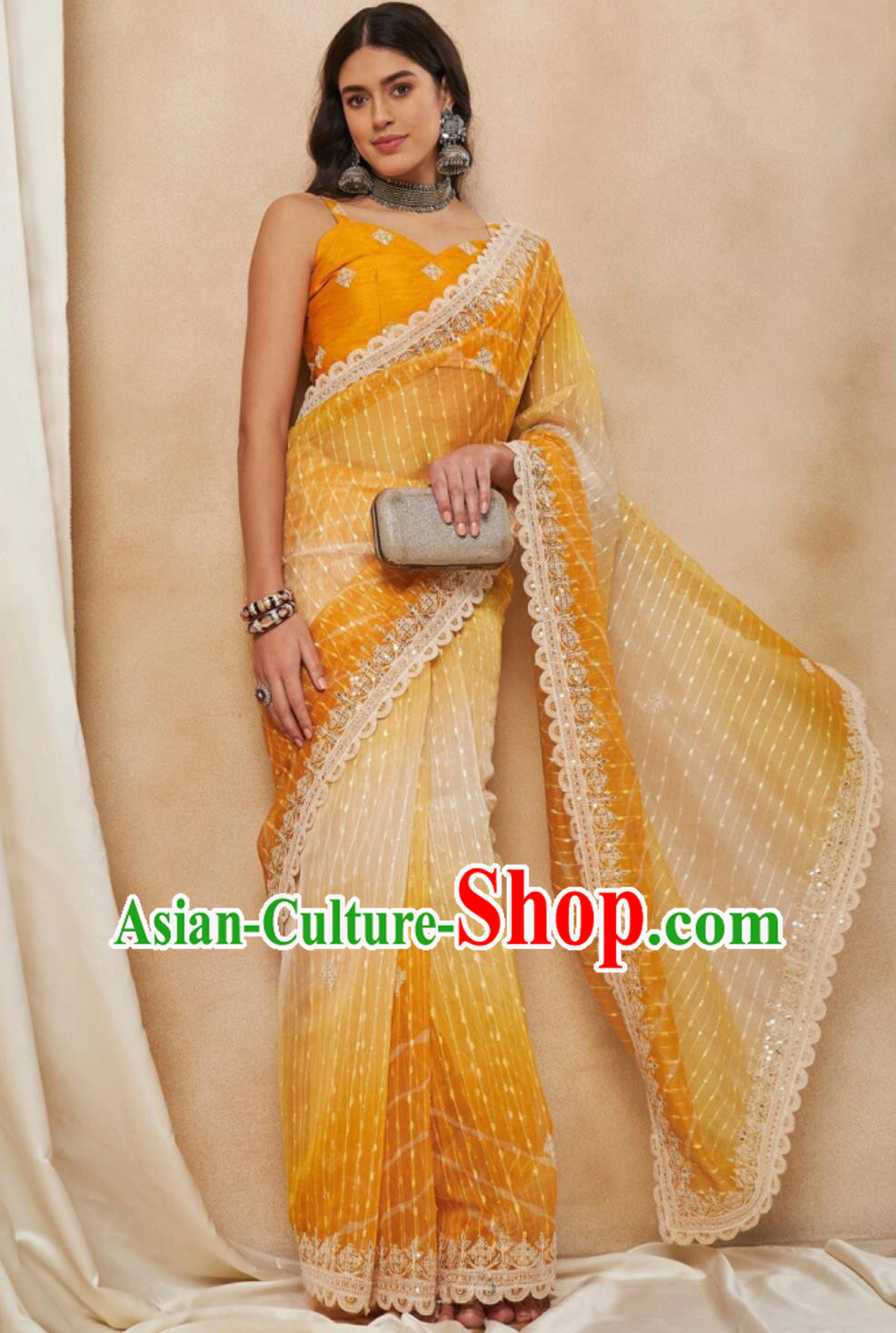 Traditional Festival Orange Sari Dress India Woman Embroidery Costume Indian National Clothing