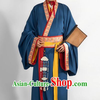 Traditional Blue Warring States Robe China Travel Photography Costume Mens Hanfu Ancient Chinese Scholar Clothing