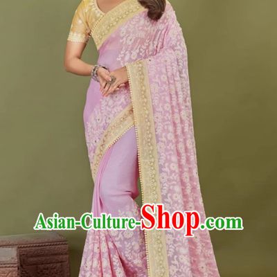 Indian National Clothing Traditional Festival Lilac Embroidered Sari Dress India Woman Summer Costume