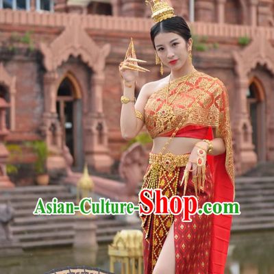 Thai Handmade Beaded Bra Skirt with Split Red Thailand Women Costume Chinese Dai Princess Clothing