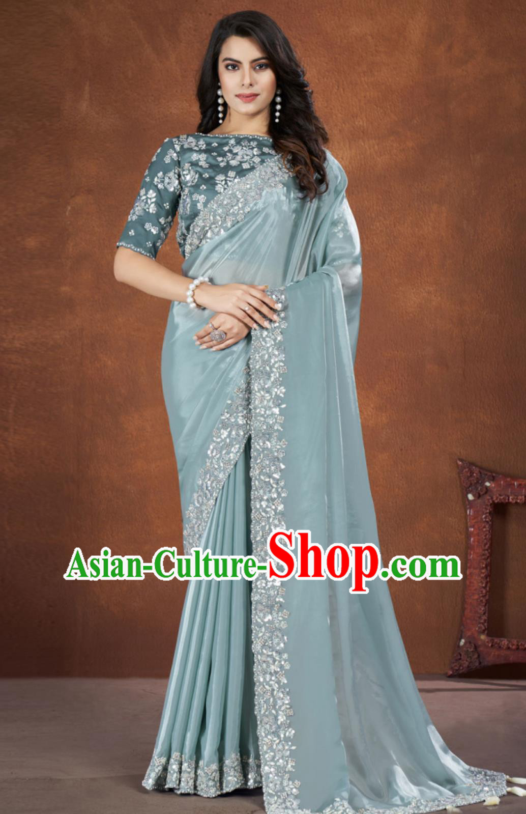 India Embroidery Light Blue Dress Festival Sari National Costume Indian Traditional Women Clothing India Embroidery Light Blue Dress Festival Sari National Costume Indian Traditional Women Clothing