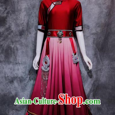 China Zang National Minority Woman Clothing Traditional Stage Show Dress Chinese Tibetan Ethnic Festival Costume
