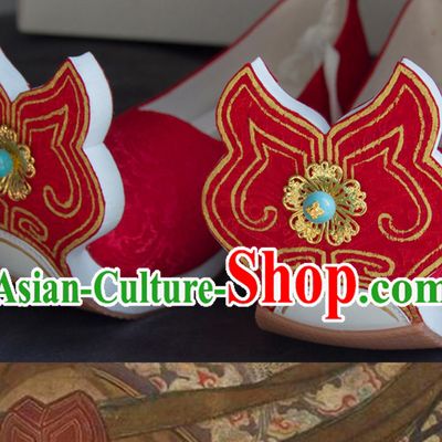 Ancient Chinese Empress Red Shoes Handmade China Tang Dynasty Curved Toe Shoes Traditional Hanfu Stage Show Shoes