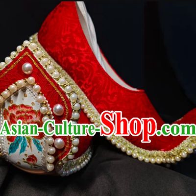 Handmade China Tang Dynasty Curved Toe Shoes Traditional Hanfu Stage Show Shoes Ancient Chinese Wedding Bride Red Shoes