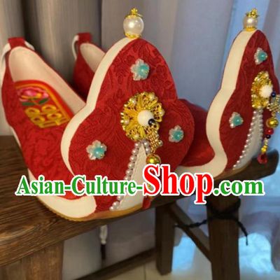 Ancient Chinese Wedding Bride Red Shoes Handmade China Tang Dynasty Empress Curved Toe Shoes Traditional Hanfu Stage Show Shoes