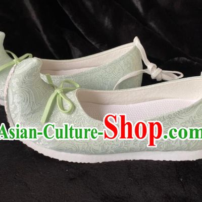 Traditional Hanfu Stage Show Shoes Ancient Chinese Princess Green Shoes Handmade China Song Dynasty Empress Curved Toe Shoes