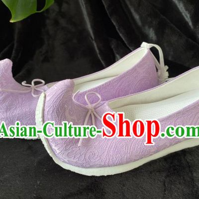 Ancient Chinese Princess Lilac Shoes Handmade China Song Dynasty Empress Curved Toe Shoes Traditional Hanfu Stage Show Shoes