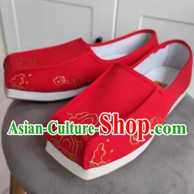 Traditional Hanfu Red Linen Shoes Ancient Chinese Scholar Shoes China Ming Dynasty Male Square Toe Shoes