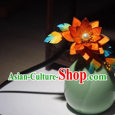 Ancient Chinese Princess Ebony Hairpin Handmade China Ming Dynasty Silk Lotus Hair Clip Traditional Hanfu Hair Jewelry