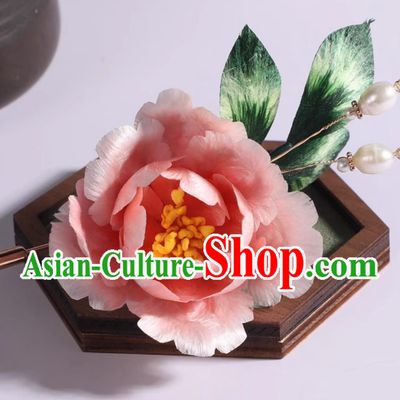 China Cheongsam Brooch Traditional Hanfu Jewelry Handmade Chinese Pink Silk Peony Corsage