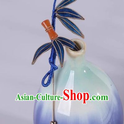 Traditional Intangible Heritage Artwork Handmade Hanfu Jewelry Chinese Cheongsam Brooch China Classical Blue Silk Bamboo Leaf Corsage