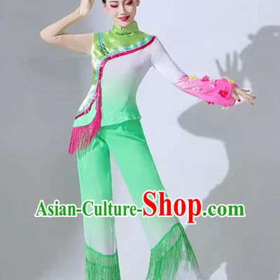Women Group Yangko Performance Clothing Chinese Folk Dance Costume Fan Dance Jasmine Green Outfit