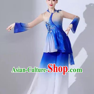 Chinese Classical Dance Costume Umbrella Dance Blue Outfit Women Group Performance Clothing