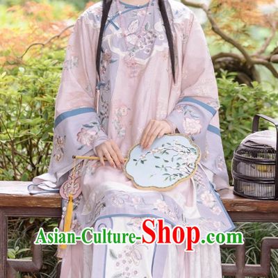 Chinese Qing Dynasty Han Nationality Woman Clothing Ancient China Noble Lady Pink Blouse and Skirt Complete Set
