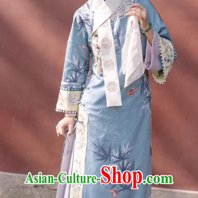 Ancient China Court Empress Dress Chinese Qing Dynasty Manchu Woman Clothing Blue Qipao and Skirt