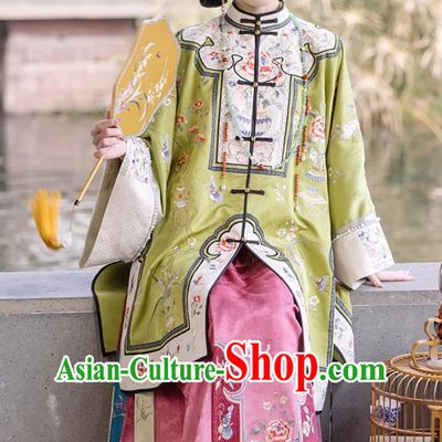 Chinese Qing Dynasty Young Woman Clothing Ancient China Noble Lady Green Blouse and Mamian Skirt Complete Set