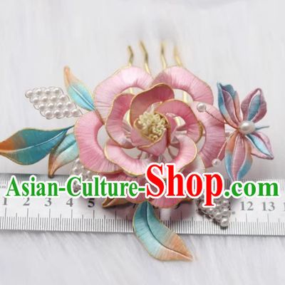 Handmade Intangible Cultural Heritage Pink Silk Peony Hair Comb Traditional Chinese Ming Dynasty Hairpin China Hanfu Hair Jewelry