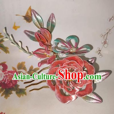 China Hanfu Hair Jewelry Handmade Intangible Cultural Heritage Pink Silk Camellia Hair Comb Traditional Chinese Ming Dynasty Hairpin