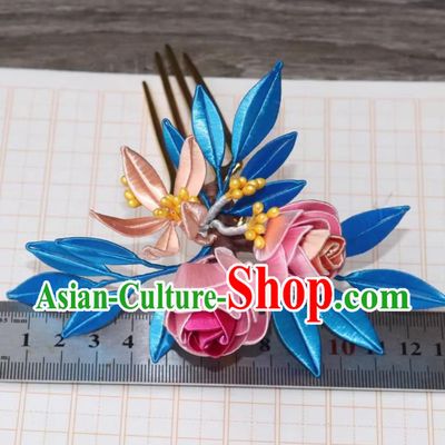 Handmade Intangible Cultural Heritage Silk Rose Hair Comb Traditional Chinese Ming Dynasty Hairpin China Hanfu Hair Jewelry