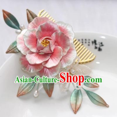 Traditional Chinese Tang Dynasty Hairpin China Hanfu Hair Jewelry Handmade Ancient Princess Pink Silk Peony Hair Comb