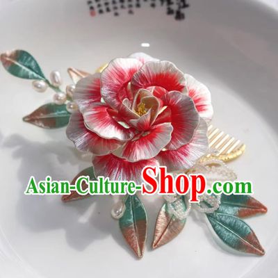 Handmade Ancient Princess Pink Silk Peony Hair Comb Traditional Chinese Tang Dynasty Hairpin China Hanfu Hair Jewelry
