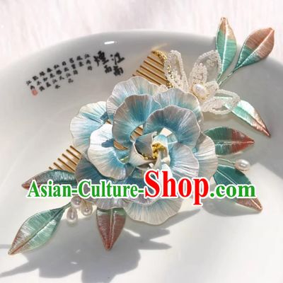 China Hanfu Hair Jewelry Handmade Ancient Princess Light Blue Silk Peony Hair Comb Traditional Chinese Tang Dynasty Hairpin