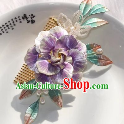 Traditional Chinese Tang Dynasty Hairpin China Hanfu Hair Jewelry Handmade Ancient Princess Purple Silk Peony Hair Comb