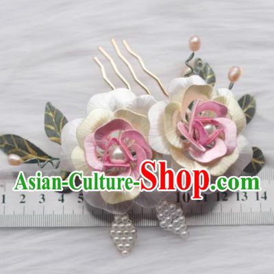 China Hanfu Hair Jewelry Handmade Ancient Princess White Silk Peony Hair Comb Traditional Chinese Tang Dynasty Hairpin
