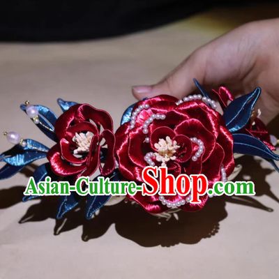 Handmade Ancient Princess Wine Red Silk Peony Hair Comb Chinese Tang Dynasty Pearls Hairpin Traditional China Hanfu Hair Jewelry