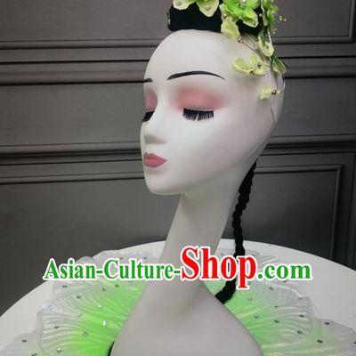 China Classical Dance Headdress Handmade Umbrella Dance Green Jasmine Headpiece Stage Performance Wig