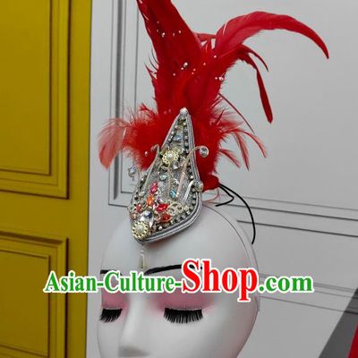 Woman Stage Performance Headdress China Opening Dance Red Feather Hat Handmade Classical Dance Headwear