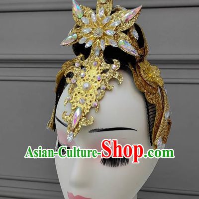 Top Stage Performance Headwear Handmade Modern Dance Golden Headpiece Chinese Opening Dance Hair Jewelry