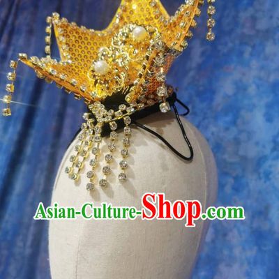 Chinese Classical Dance Hair Jewelry Top Stage Performance Headwear Handmade Korean Dance Golden Headpiece