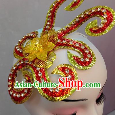 Top Stage Performance Headwear Handmade Yangko Dance Red Headpiece Chinese Folk Dance Hair Jewelry