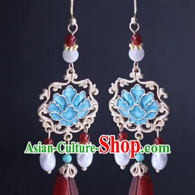 Ancient China Empress Earrings Traditional Ming Dynasty Cloisonn Peony Eardrops Chinese Hanfu Tassel Ear Jewelries