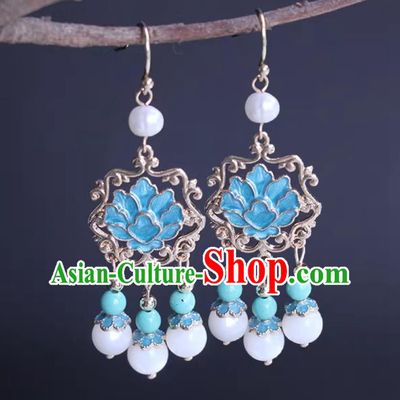 Chinese Hanfu Tassel Ear Jewelries Ancient China Empress Earrings Traditional Ming Dynasty Cloisonn Peony Eardrops