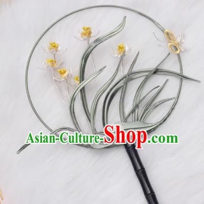 Handmade Palace Fan Traditional Classical Embroidered Orchids Round Fan Chinese Hanfu Photography Prop